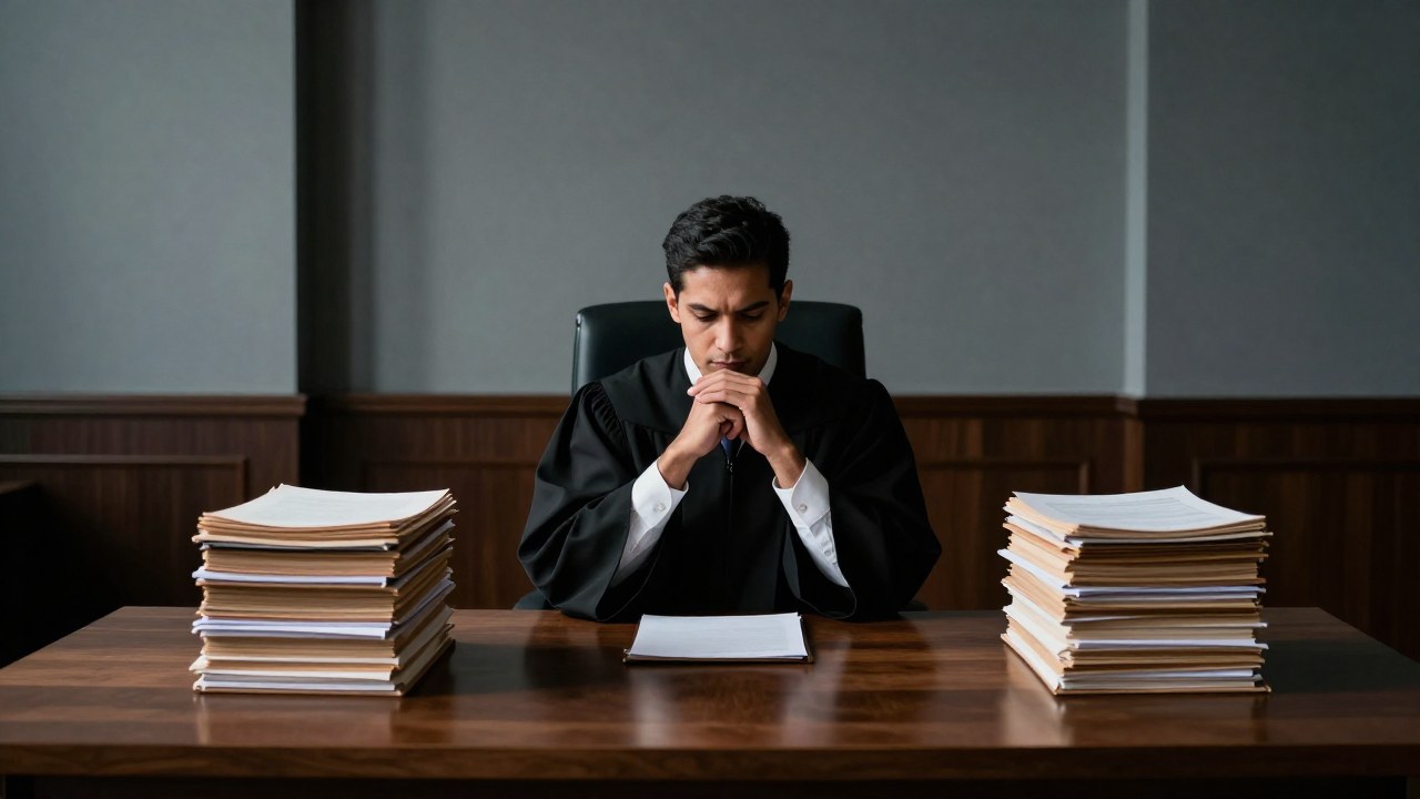 Figura judicial en un despacho moderno contemplando un dilema ético representado por dos pilas de archivos.