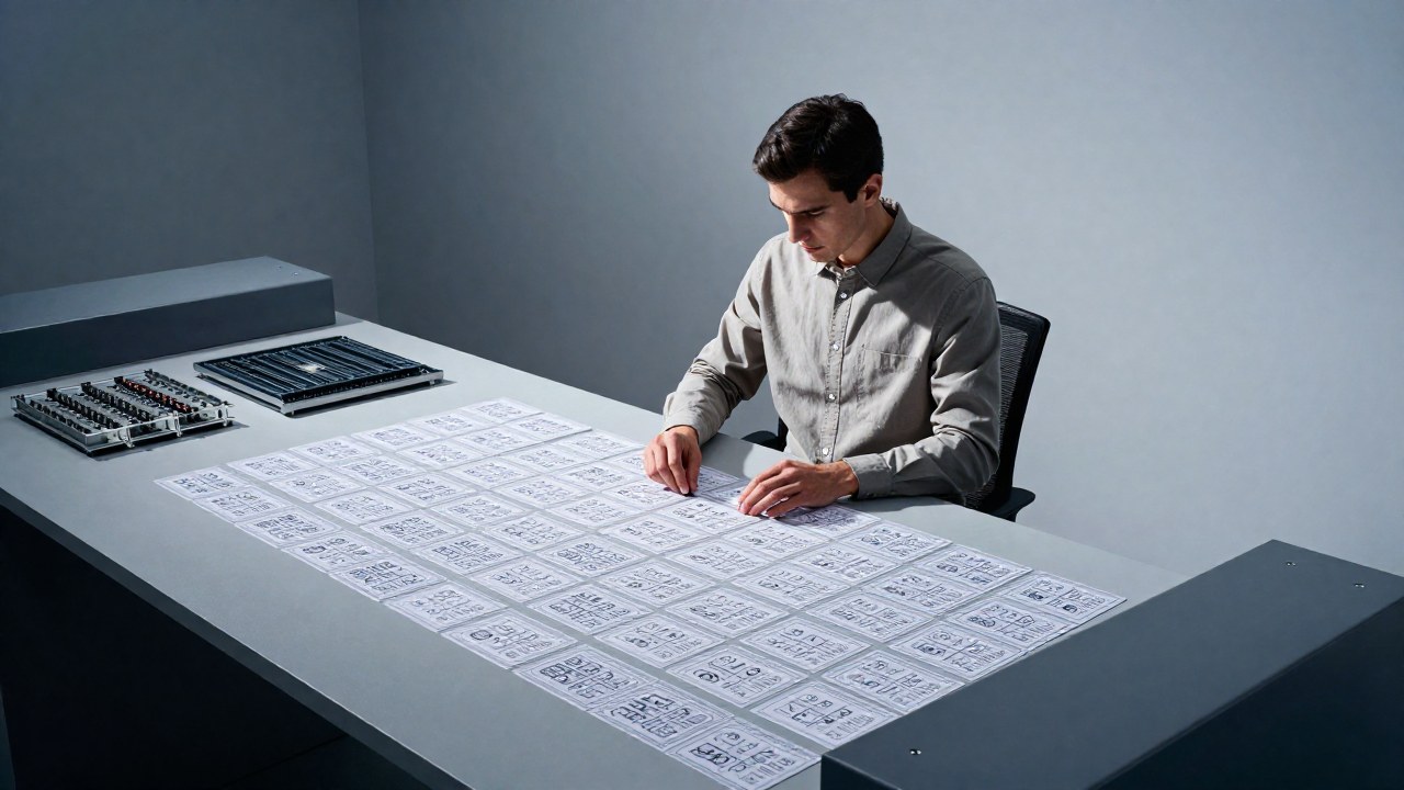 Un individuo manipula y ordena tokens abstractos en un sistema de procesamiento mecánico complejo.