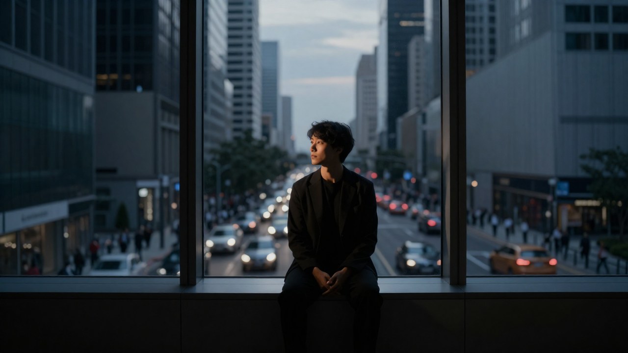 Persona tranquila en un edificio alto, mirando la vida frenética de la ciudad congestionada.