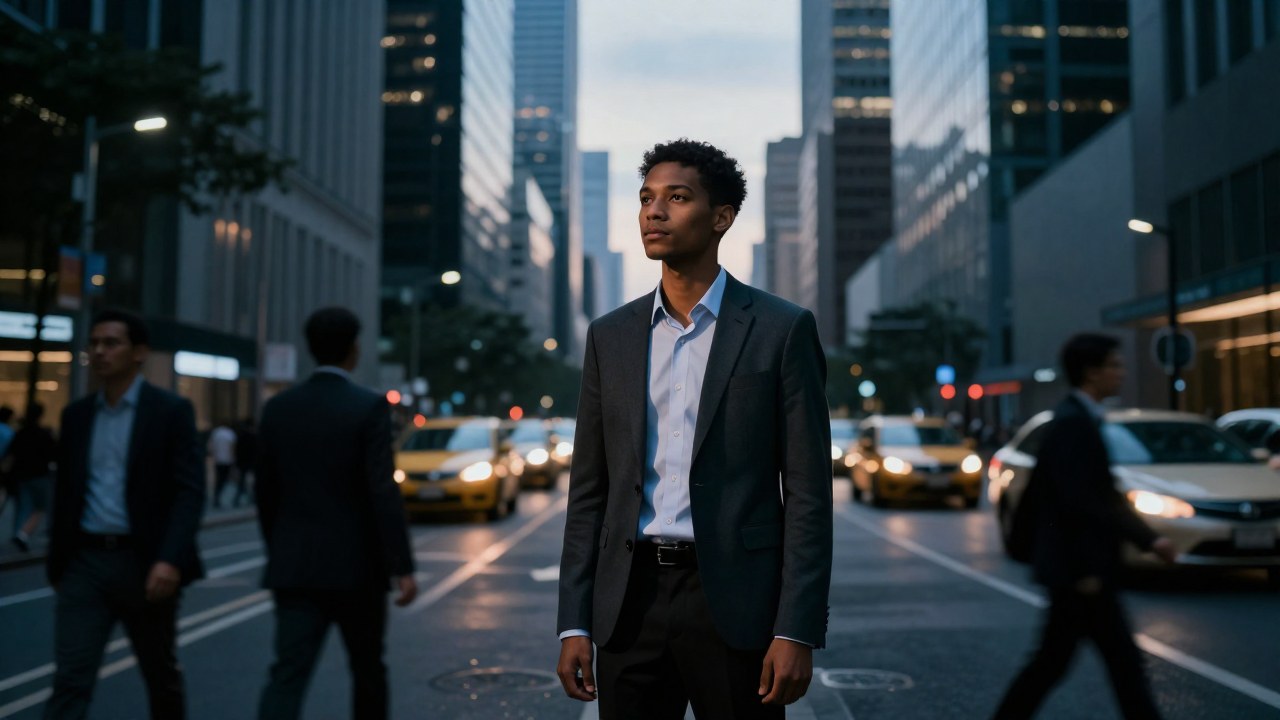Joven profesional en traje de negocios observando pensativo la frenética vida de una calle metropolitana al atardecer.