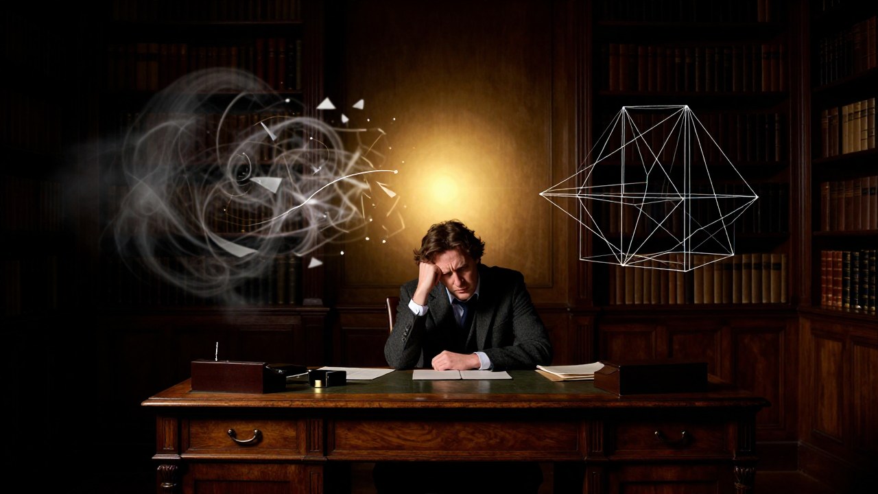 Intelectual en escritorio muestra la transición de un caos de ideas a una estructura clara.
