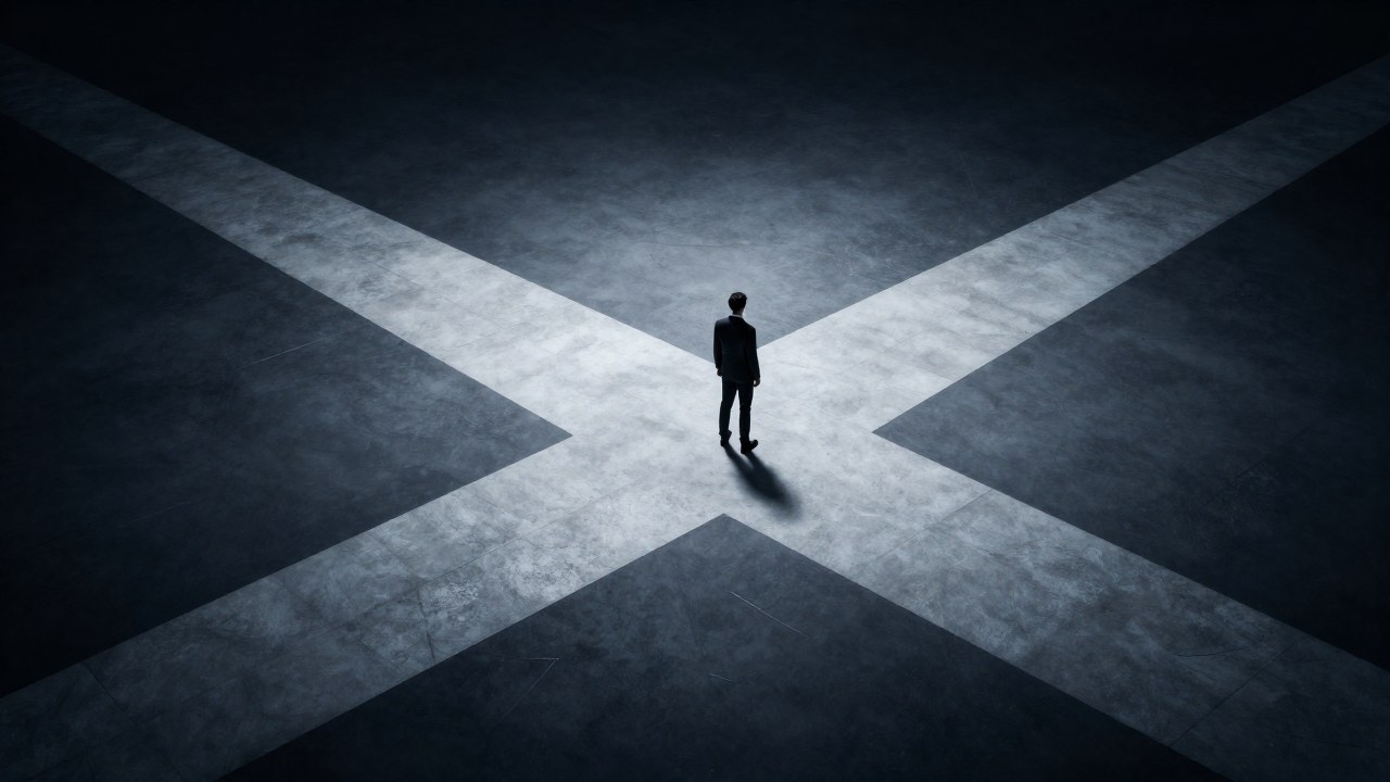 Una figura humana se encuentra en una intersección de caminos que simboliza un dilema moral inevitable.