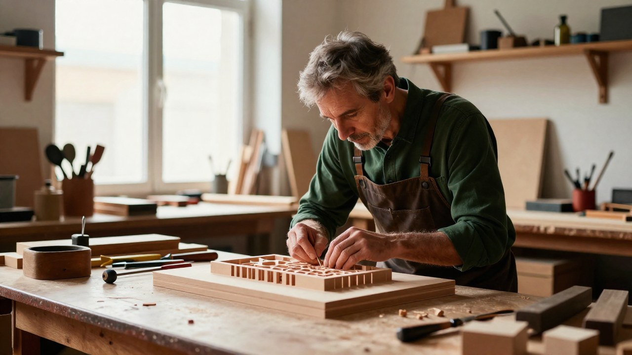 Artesano de edad media trabajando meticulosamente en un proyecto complejo sobre un banco de trabajo bien iluminado.