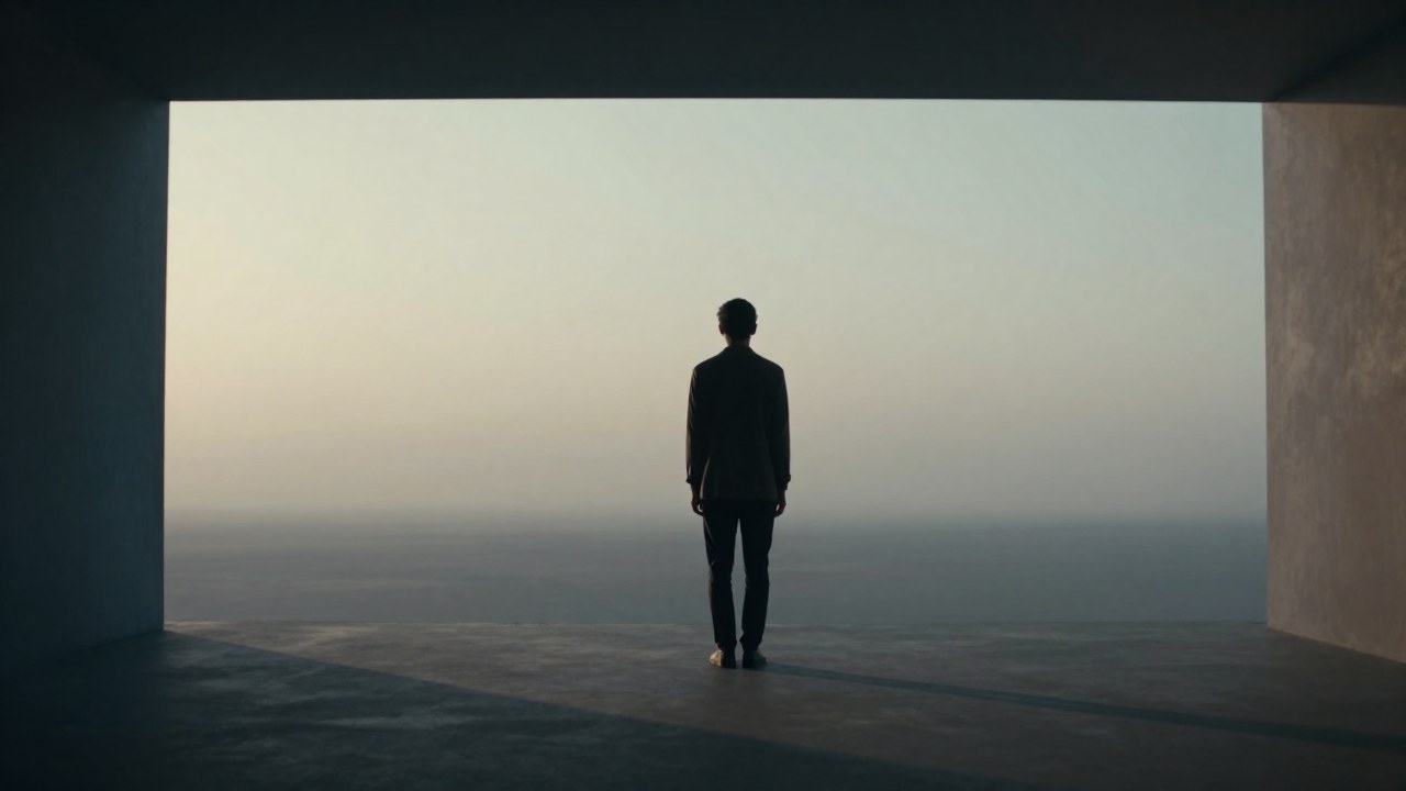 Figura solitaria contemplando en un amplio espacio arquitectónico al amanecer.