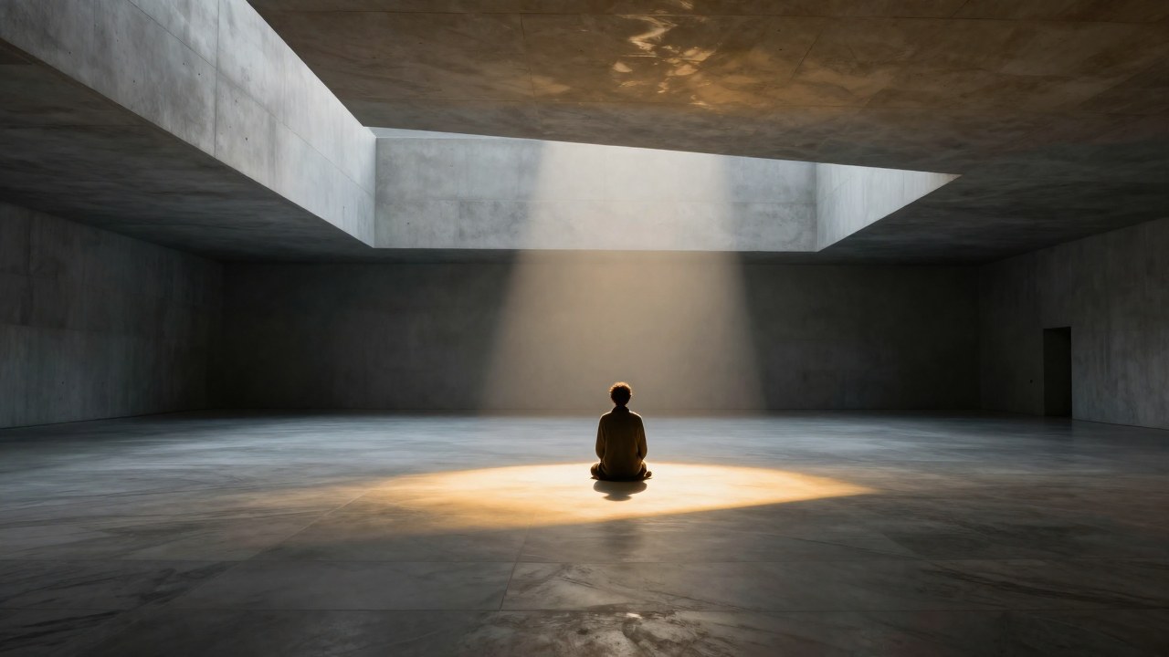 Figura solitaria en vasto espacio minimalista, definida por un foco de luz que simboliza la claridad mental.