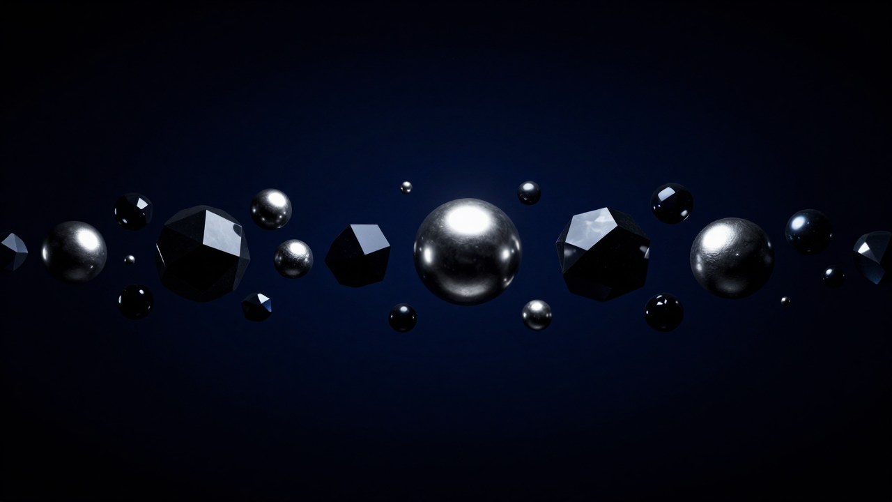 La representación de átomos, formas geométricas sólidas, en un vacío ilustra el concepto filosófico del atomismo.