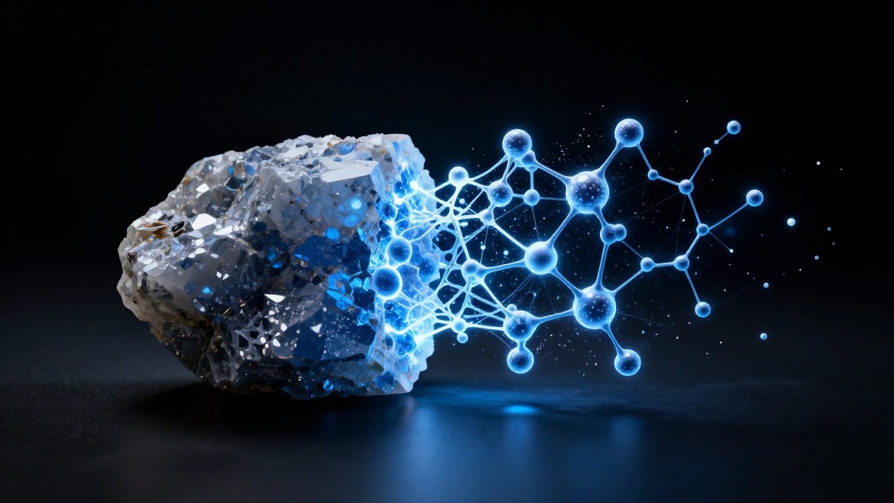 Muestra la transición de un material sólido perceptible a su estructura fundamental de átomos interconectados.
