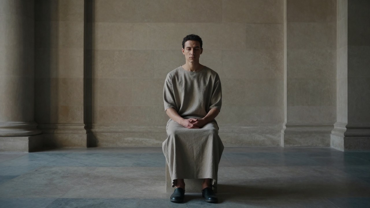 Figura solitaria en un espacio arquitectónico minimalista con texturas de piedra.