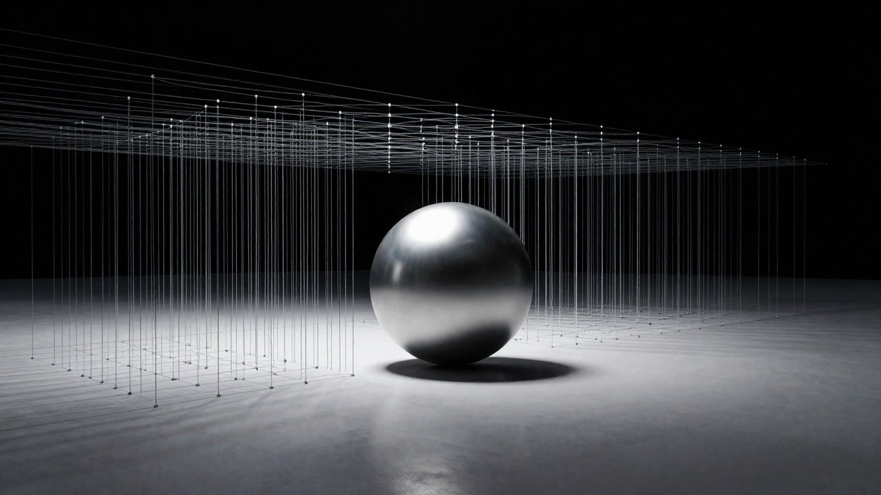 Una esfera metálica se mueve por un camino, contrastando con una estructura geométrica de puntos discretos.