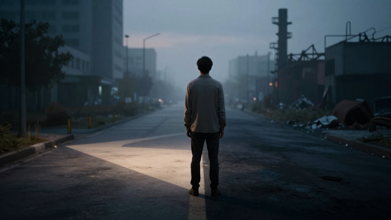 Solitaria figura en un cruce urbano, contemplando la indecisión entre dos caminos opuestos.